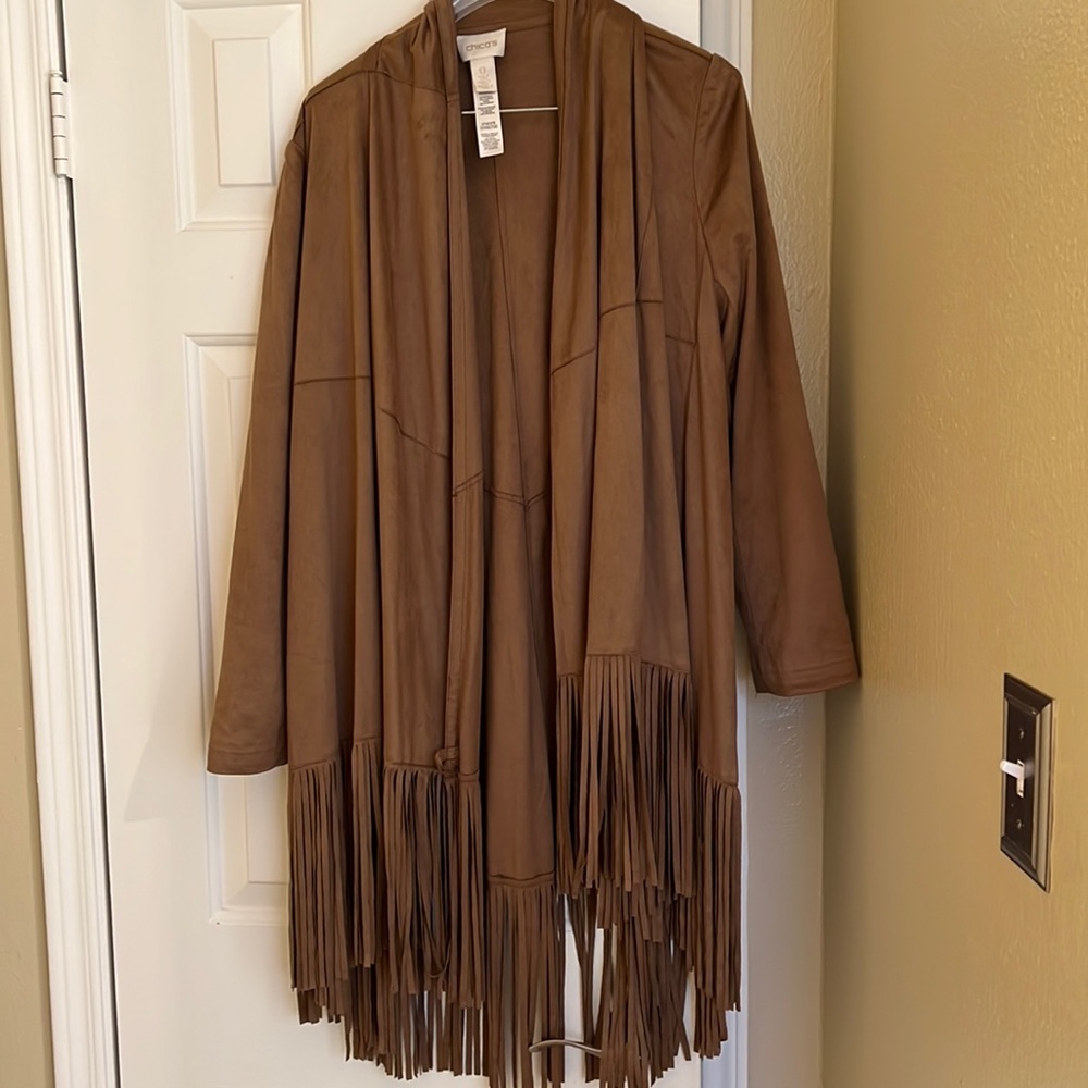 Chicos Suede Shacket with fringe detail